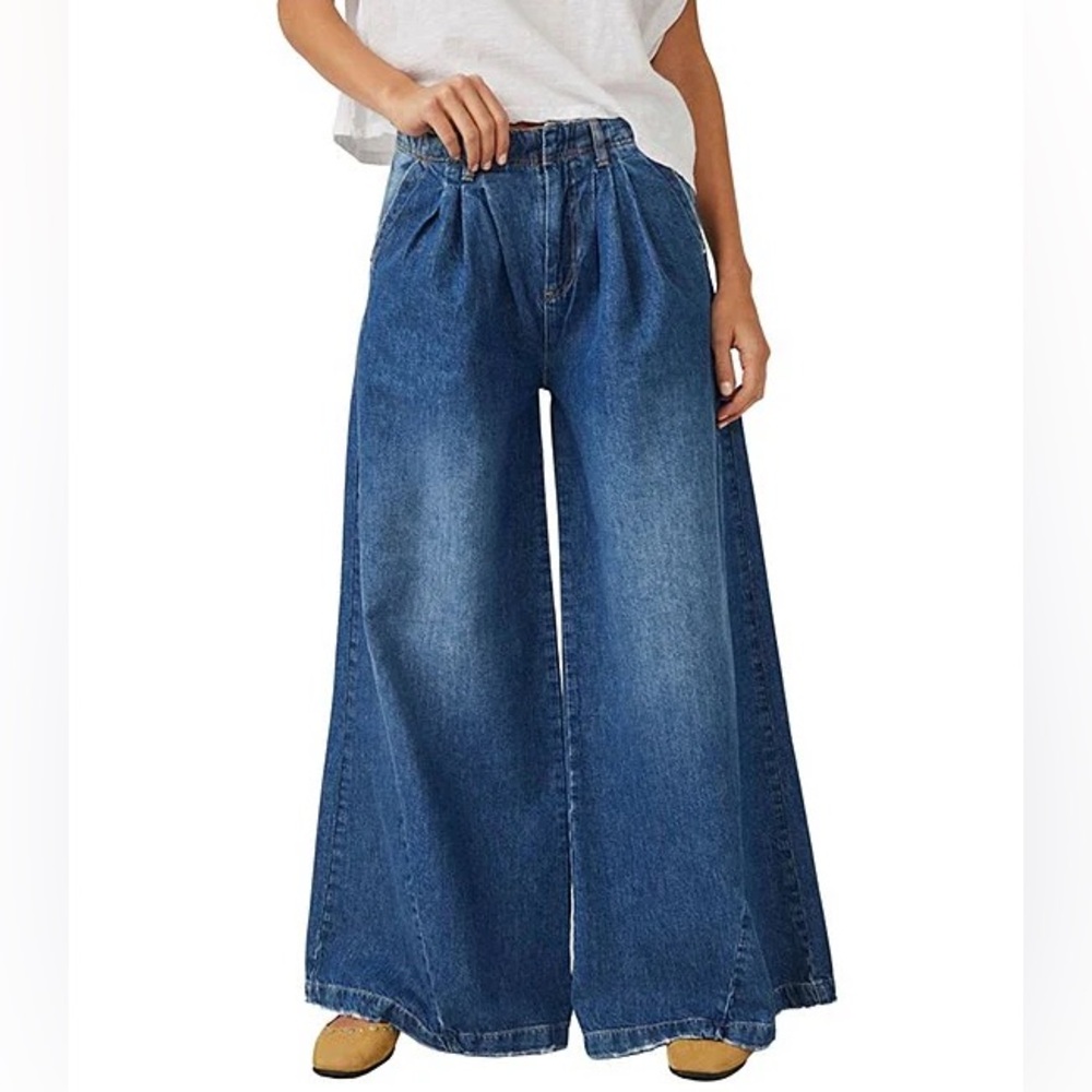 Wide Leg High-Waist Blue Denim Jeans for Women